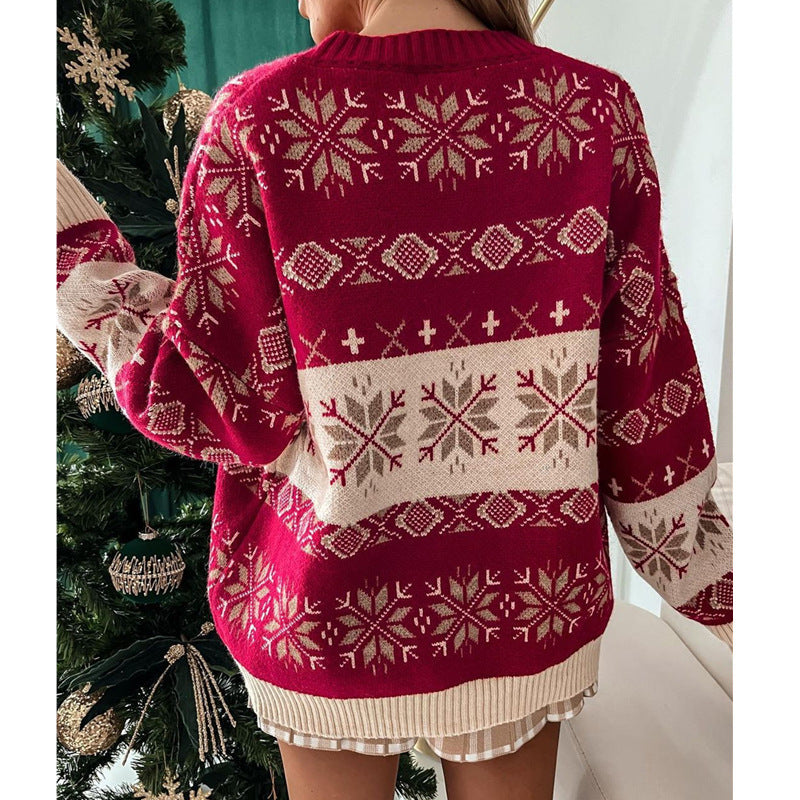 Lockerer Jacquard-Pullover mit Rundhalsausschnitt und langen Ärmeln für Damen