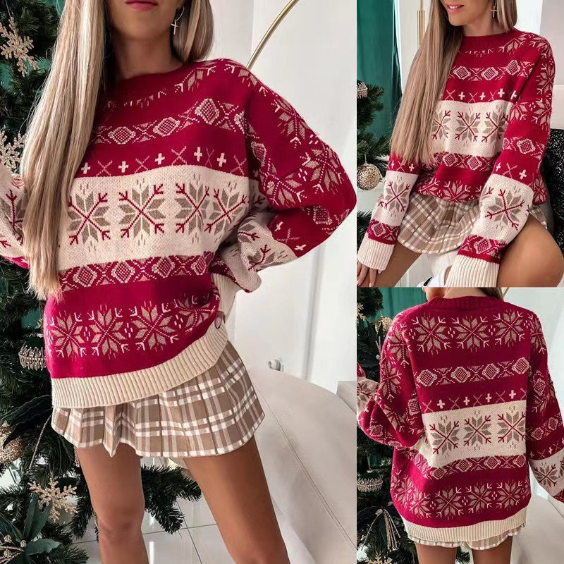 Lockerer Jacquard-Pullover mit Rundhalsausschnitt und langen Ärmeln für Damen