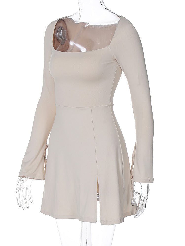 Square Collar Slimming High Waist Bell Sleeve Dress