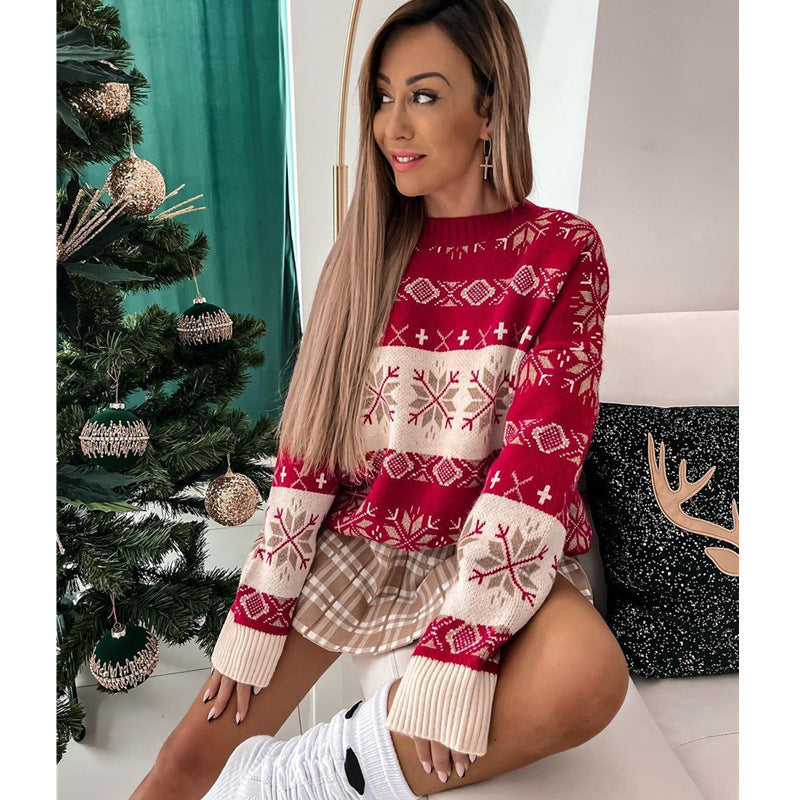 Lockerer Jacquard-Pullover mit Rundhalsausschnitt und langen Ärmeln für Damen